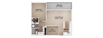 A diagram shows the layout of a home with a bedroom, bath, den, living/dining area, and kitchen.