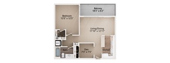 A diagram shows the layout of a home with a bedroom, bathroom, den, living/dining area, kitchen, and balcony.