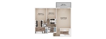 A floor plan of a small apartment with two bedrooms, a living/dining area, a kitchen, and a bathroom.