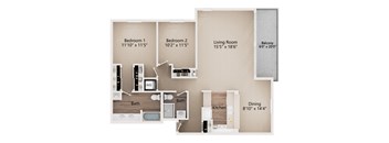 A floor plan of a small apartment with two bedrooms, a living room, a balcony, a bathroom, and a kitchen.