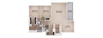 A floor plan of a small apartment with two bedrooms, a living room, a balcony, a dining room, a kitchen, and two bathrooms.