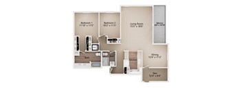 A floor plan of a home with two bedrooms, a living room, a dining room, a kitchen, a den, and two bathrooms.