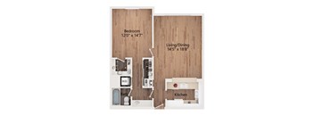 A floor plan of a small apartment with a bedroom, living/dining area, kitchen, and bathroom.