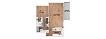 A diagram of a small apartment layout with a bedroom, living/dining area, kitchen, and bathroom.