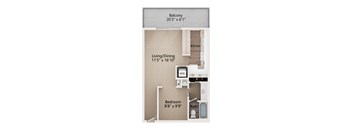 A floor plan of a small apartment with a bedroom, living room, and kitchen.