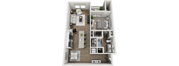 A 3D floor plan of a small apartment with a kitchen, living room, and bathroom.