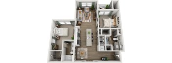 A top-down view of a small apartment with a kitchen, living room, and bedroom.
