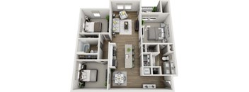 A 3D floor plan of a small apartment with a kitchen, living room, and bedroom.