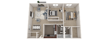 a 3d floor plan of a bedroom with a bathroom and a living room