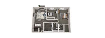 a 3d floor plan of a bedroom with a bathroom and a living room