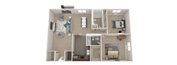 a 3d rendering of a furnished floor plan with a bedroom and a bathroom
