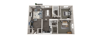 a 3d rendering of a furnished floor plan with a bedroom and a bathroom