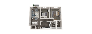 a 3d rendering of a floor plan with a bedroom and a bathroom