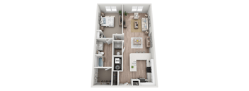 A top-down view of a small apartment with a living room, kitchen, and bedroom.