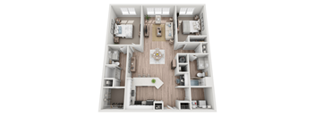 A top-down view of a small apartment with a living room, kitchen, and two bedrooms.