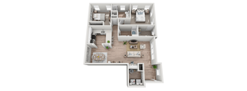 A top-down view of a two-story apartment layout with a living room, kitchen, and bedrooms.