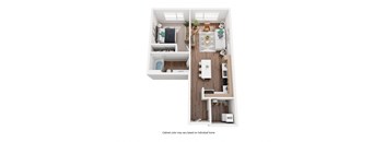 A diagram of a small apartment with a kitchen, living room, and bathroom.
