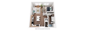 A top-down view of a small apartment with a kitchen, living room, and bathroom.