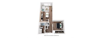 A small apartment with a kitchen, living room, and bedroom.