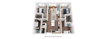 A top-down view of a small apartment layout with a kitchen, living room, and bathroom.