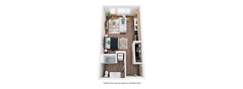A top-down view of a small apartment with a kitchen, living room, and bathroom.