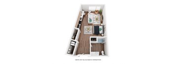 A top down view of a small apartment with a kitchen, living room, and bathroom.