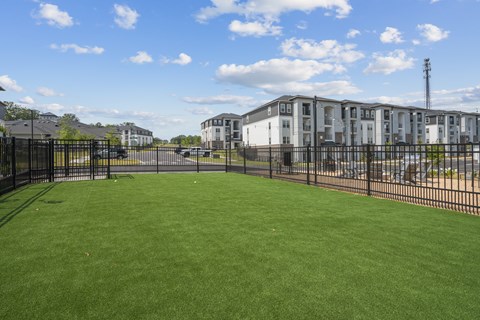 A large grassy area in front of apartment buildings.