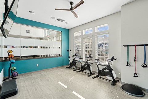 A gym with a mirror, exercise equipment, and a fan.