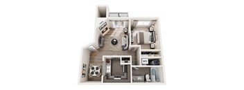 A top-down view of a small apartment layout with a living room, kitchen, and bathroom.
