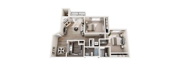 A detailed 3D floor plan of a house layout.