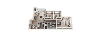 A detailed 3D floor plan of a house layout.