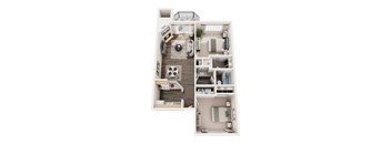 A white dollhouse with a kitchen, living room, and bathroom.