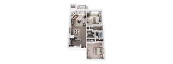 A white dollhouse with a living room, kitchen, and bathroom.