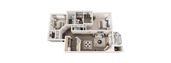 A top-down view of a house layout with a living room, kitchen, and dining area.
