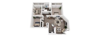 A top-down view of a small apartment with a kitchen, living room, and bedroom.