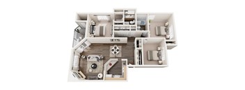 A 3D floor plan of a house with multiple rooms and furniture.