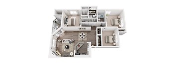 A white model of a house with a kitchen, living room, and bathroom.