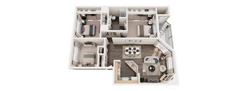 A top-down view of a small apartment layout with a kitchen, living room, and bedroom.