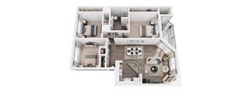 A top-down view of a well-organized apartment with a living area, kitchen, and bedroom.