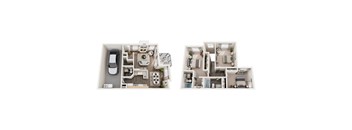 A floor plan of a two-bedroom apartment with a kitchen and living room.