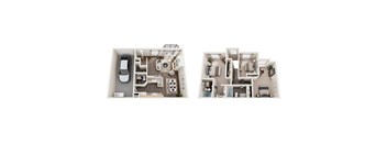 A floor plan of a small apartment with a kitchen, living room, and bathroom.