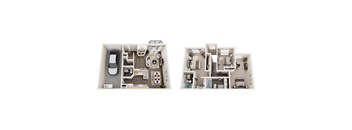 A floor plan of a two-bedroom apartment with a kitchen and living room.