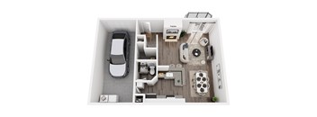 A top-down view of a small apartment with a car parked in the garage.