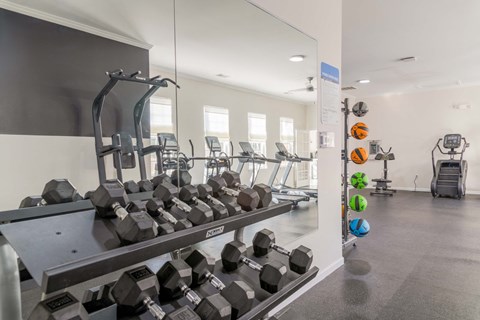 A gym with a variety of equipment including dumbbells and weight machines.