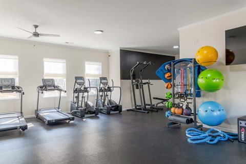 A gym with treadmills, exercise balls, and ropes.