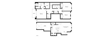 A black and white floor plan of a two level home with labeled rooms.