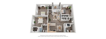 A 3D floor plan of a house with multiple rooms and furniture.