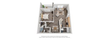A 3D floor plan of a house with a living room, kitchen, and two bedrooms.
