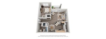 A 3D floor plan of a small apartment with a kitchen, living room, and bathroom.