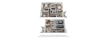 A floor plan of a two-bedroom apartment with a living room, kitchen, and garage.
